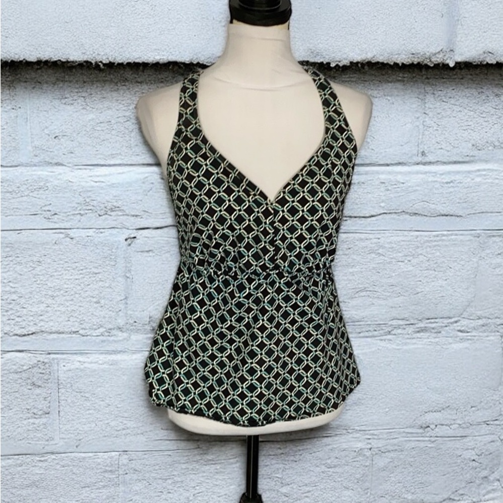 Lands end black white all over patterned  swim top racer back peplum 12 L
